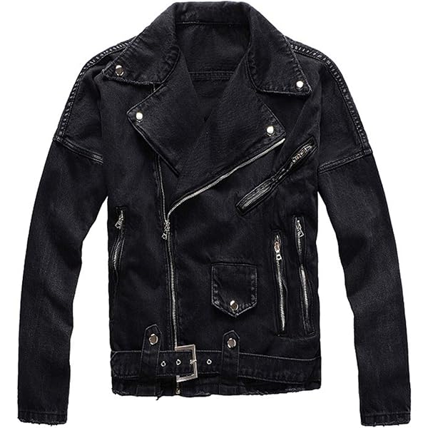 Men's Denim Biker Jacket，Vintage Black Gray Spliced Ripped